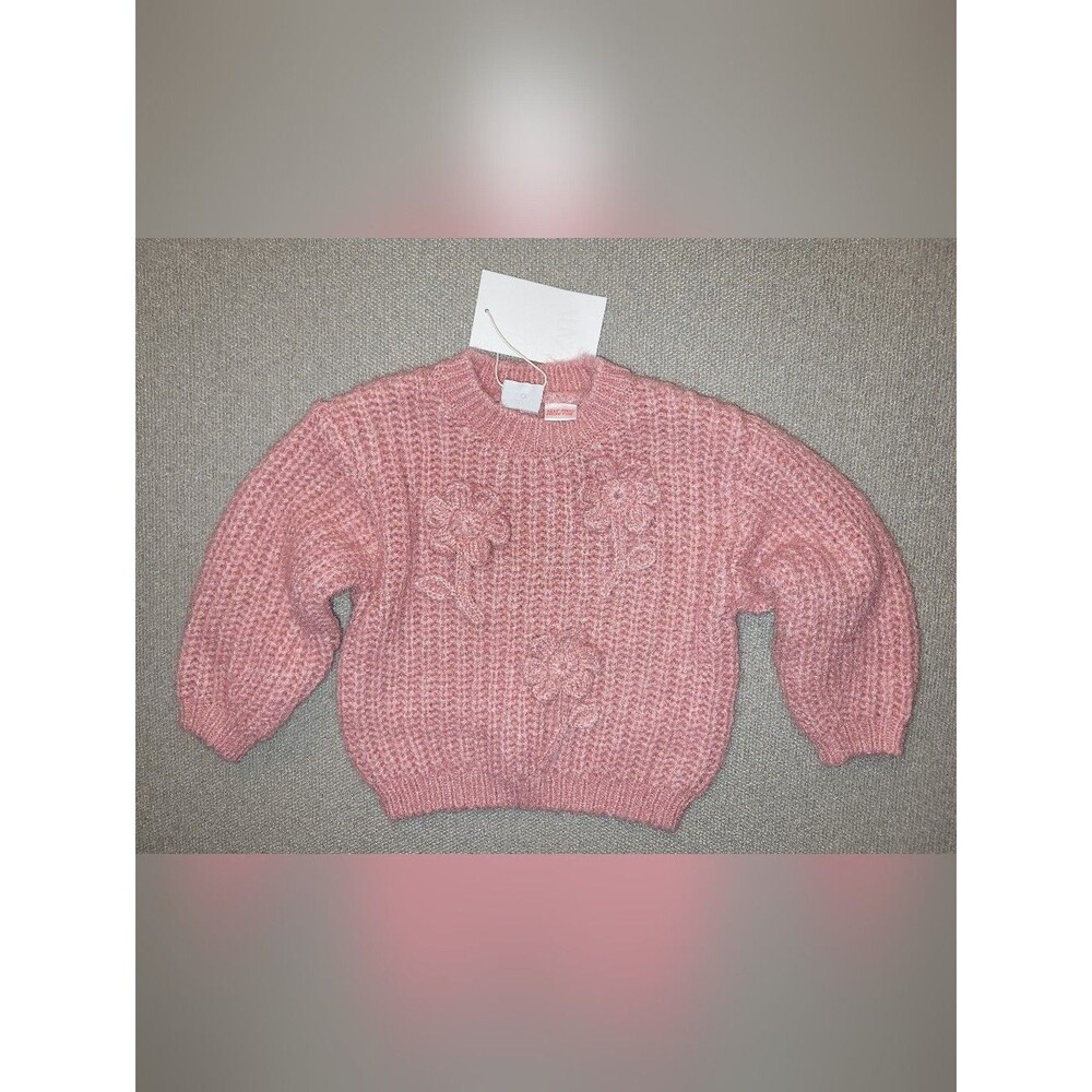 Zara Size 3 Years Pink Wool Blend Chunky Knit Sweater with Floral Appliqué NWT